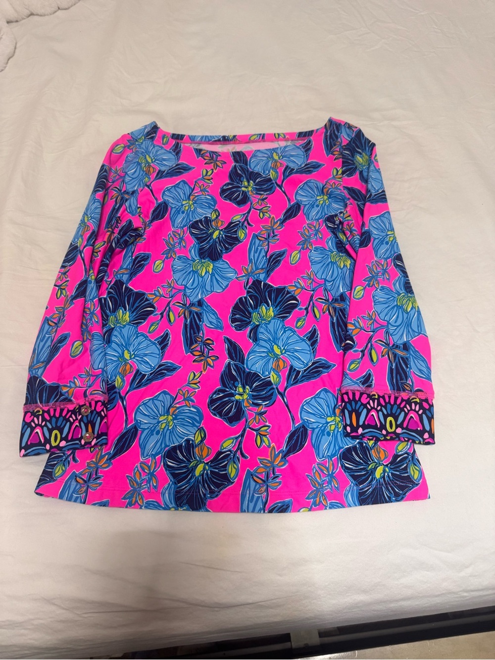 Lilly Pulitzer Hot Pink Floral Boatneck Tunic with Blue Blooms